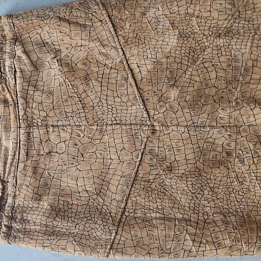 Leather Suede Crocodile Print Brown Tan Textured Midi Skirt Partial Zip & Snap - Picture 2 of 10